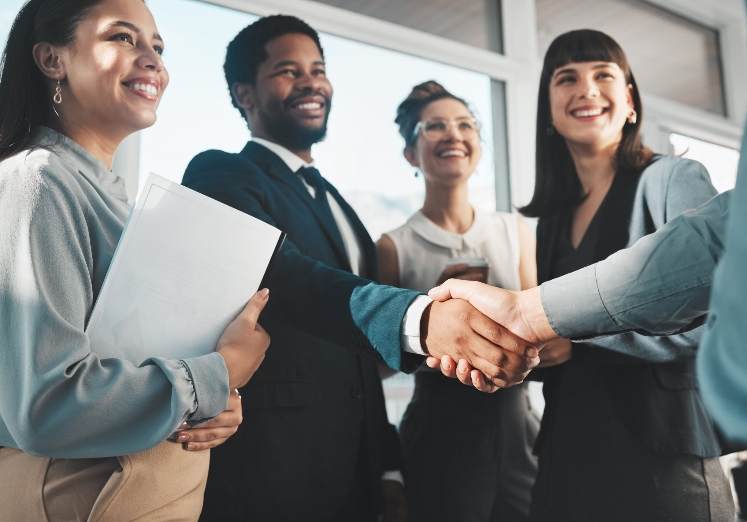 Handshake, people partnership and business diversity, collaboration or b2b welcome, thank you or me.