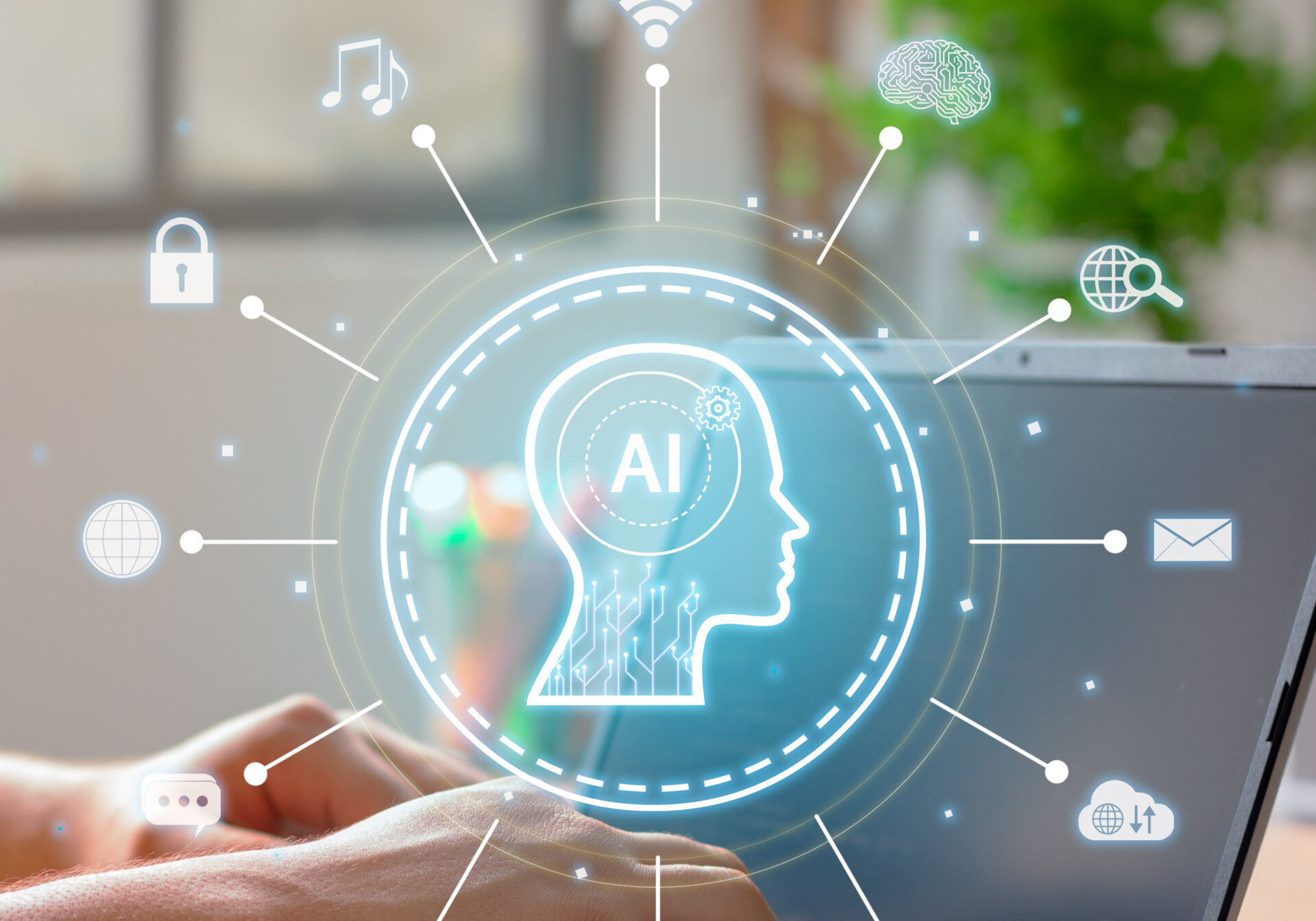 Vertical Image on Using of a laptop to interact with an artificial intelligence. Innovative automation technology.